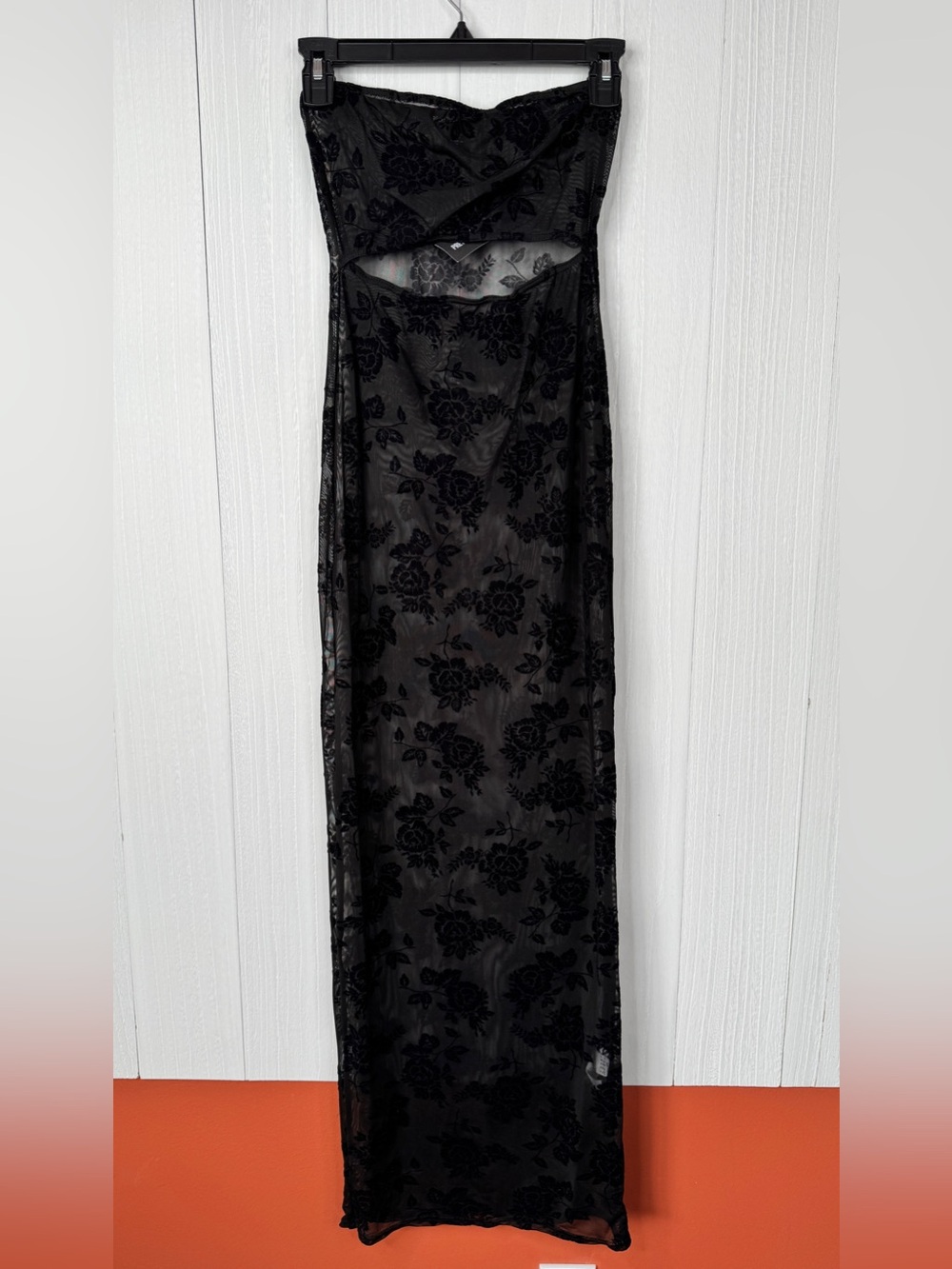 PrettyLittleThing PLT Black Devore Mesh Bandeau Maxi Dress Size 4